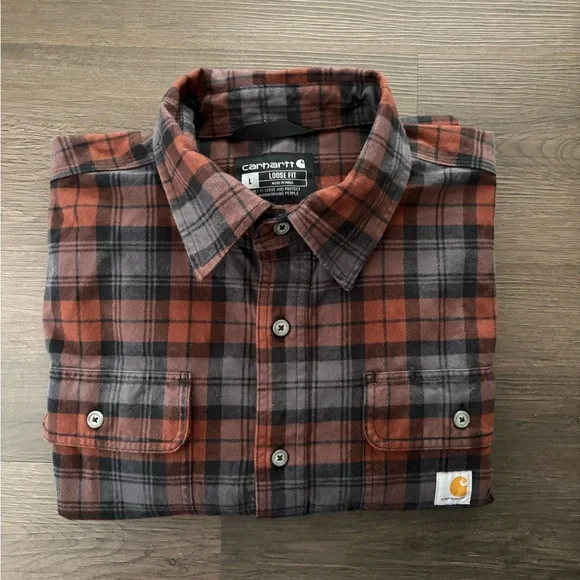 Carhartt Plaid Long Sleeve Ruat Orange Grey Black Flannel Shirt Sz Large - Picture 1 of 3